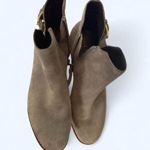 Cole Haan Tan Suede Ankle Booties with Side Zipper and gold buckle 6